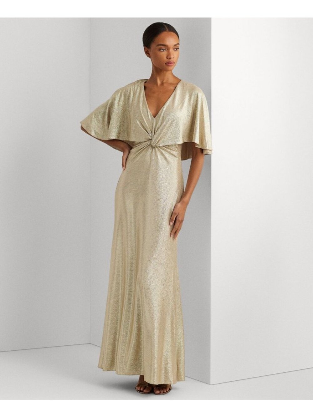 Lauren Ralph Lauren Women's Twist-Front Cape-Overlay Gown Gold Size 8 $295